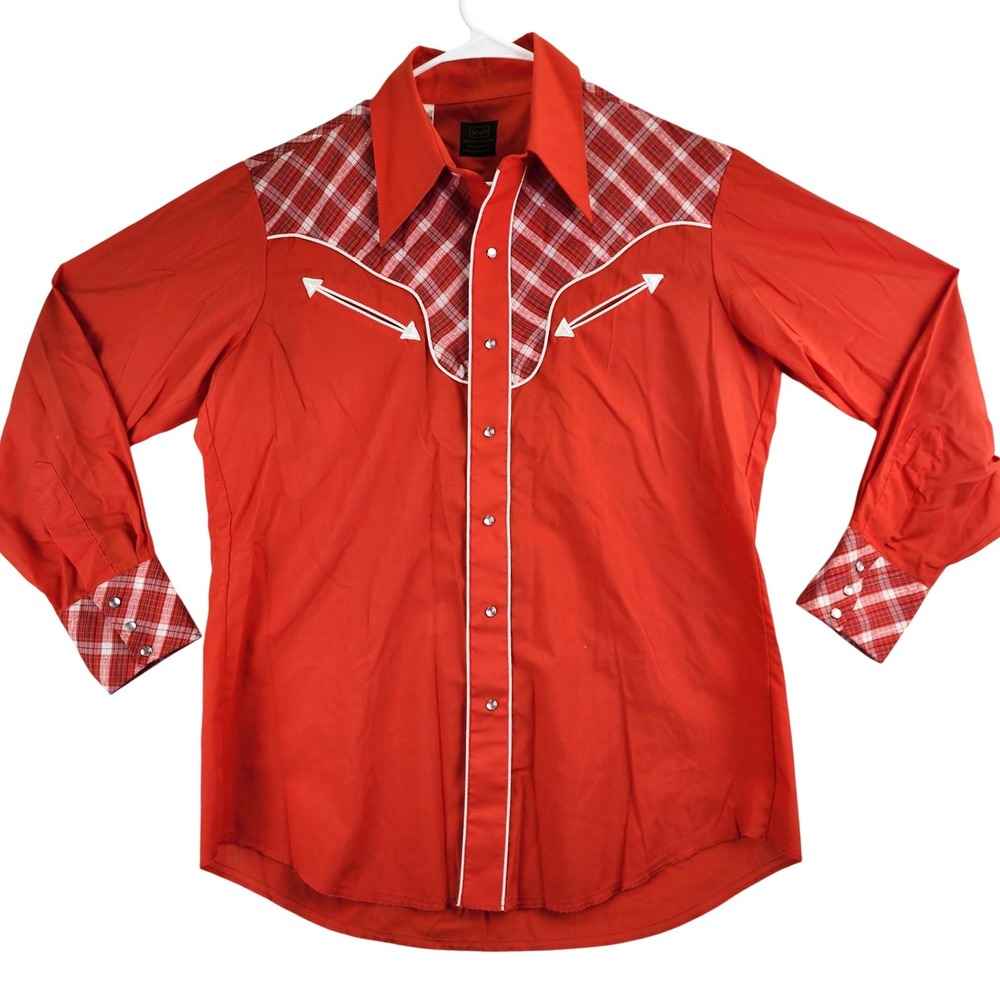 Sears Vintage Western Pearl Snap Shirt Mens 17-34 Red Plaid Yoke Cowboy Retro